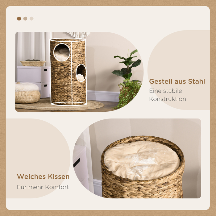 PawHut Cat Tree 73cm 3-Tier with Water Hyacinth and Steel Cushions, Light Brown for Cat Lovers