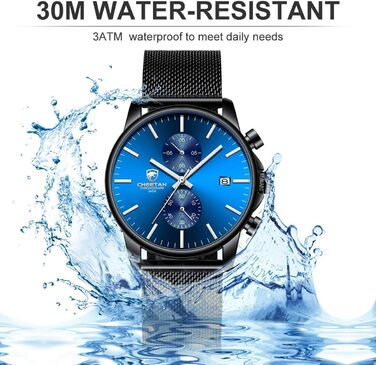 Чоловічий годинник, спортивний, кварцовий, аналоговий, чорний mesh-браслет, нержавіюча сталь, водонепроникний, хронограф, автоматична дата (чорний-чорний-синій)