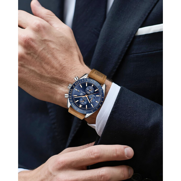 Годинник чоловічий BENYAR Quarz Chronograph з датою, водонепроникний, браслет, стильний, для повсякденного та ділового стилю, коричневий/блакитний.