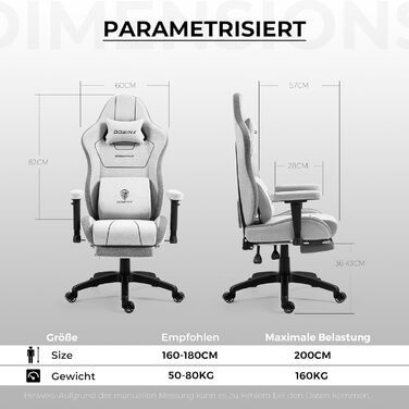 Ігровий крісло Dowinx з тканини, ергономічний геймерський крісло з м'якими підлокітниками, стабільний ігровий та офісний крісло для тривалого сидіння (Сірий)
