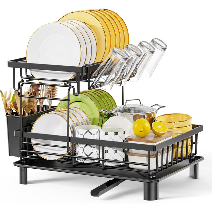 LIONONLY Dish Drying Rack, Large 2-Tier Dish Drying Rack with Drip Bowl, Stainless Steel Dish Drying Rack with Utensil Holder, Beverage Holder, and Swivel Spout, Dish Drying Stand Kitchen
