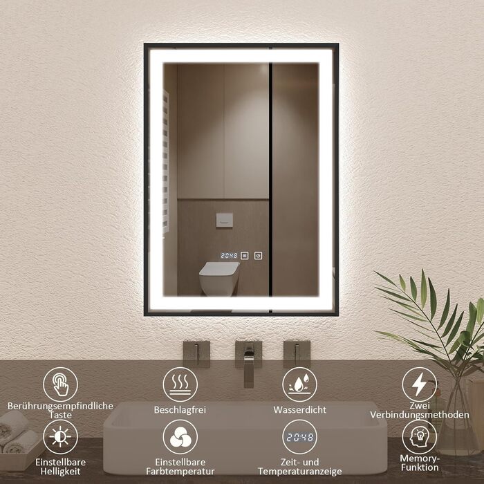 Дзеркало YOURLITE з підсвічуванням 70x50 см, LED дзеркало для ванної кімнати з годинником, сенсорне керування, 3 кольори світла, регулювання яскравості, антизапар, пам'ять, срібний (чорний-5070)