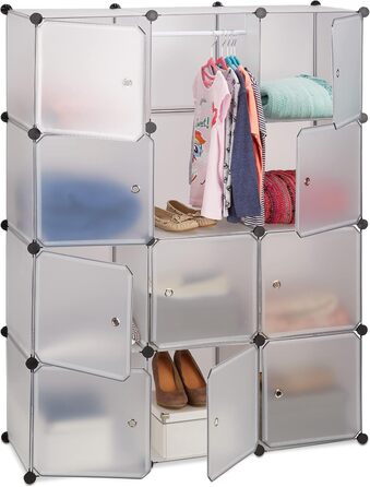 Relaxdays Clothes Rack System with 11 Compartments, Wardrobe with 2 Clothes Rails, DIY Plastic Plug-in Shelf, White (Transparent)