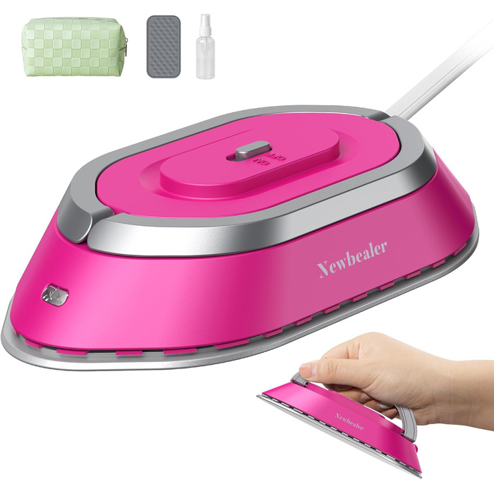 Міні-праска Newbealer для подорожей, 220V/120V, для одягу (без пари), керамічна підошва, 150°C, з пульверизатором, сумкою та підставкою, колір рожевий