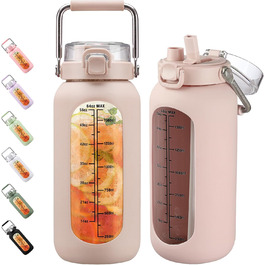 BLUEGO 2000ml Glass Water Bottle with Stainless Steel Handle and Time Marker 2L Motivation Glass Dryer with Silicone Sleeve and Straw for Gym, Office, Outdoors, Sports Water Bottles BPA-Free, (Amber)