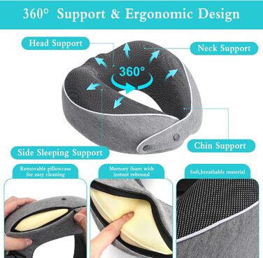 Подушка для шиї в подорожах, Memory Foam, ергономічна, з маскою для сну та навушниками, у чохлі