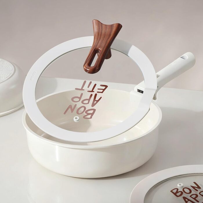 Набір посуду Carote 18 предметів: каструлі та сковороди з керамічним антипригарним покриттям, знімні ручки, індукція, кремово-білий