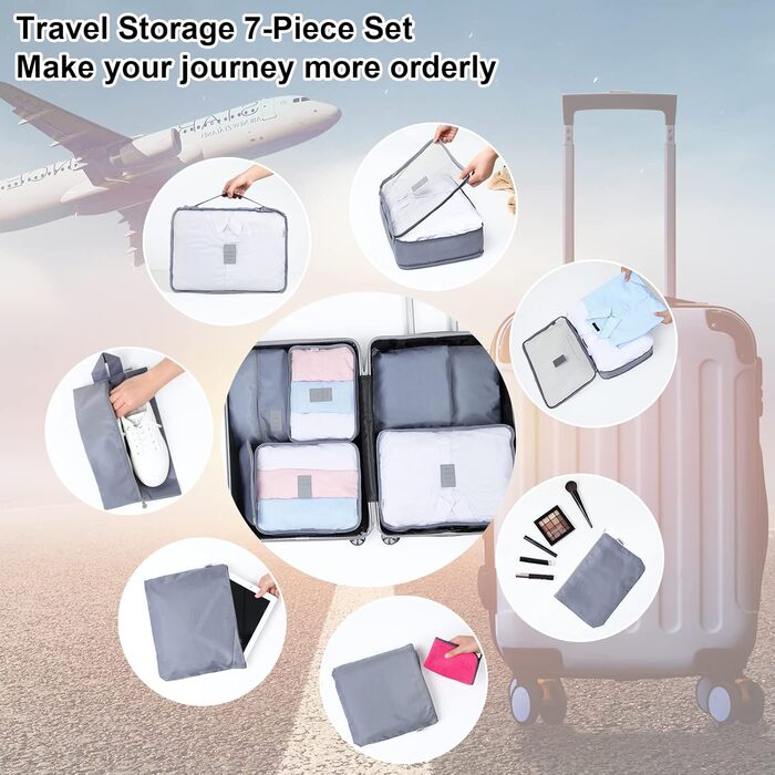 Органайзер для валізи AiQInu, набір 7 шт: кубики для пакування, сумки для одягу та взуття, сірий