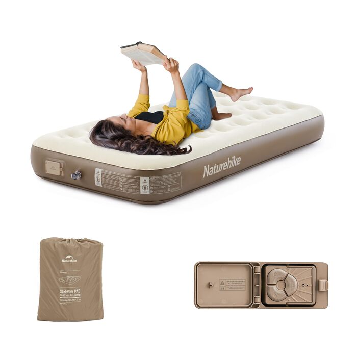 Надувний матрац Naturehike Luftbett 3 місця з насосом 200x180x25 см для кемпінгу та гостей, самонадувний, портативний, коричневий