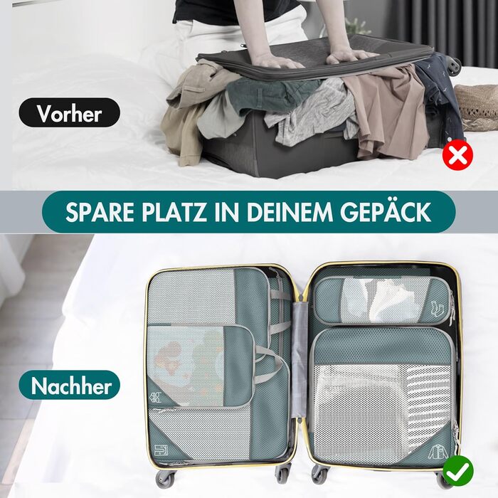 Органайзер для валізи, набір Packing Cubes (9 шт.) з компресією та чохлом для взуття, сірий. Водонепроникні та дихаючі кишені для подорожей та переїзду.