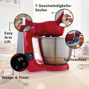 Bosch Kitchen Machine Series 4 MUM5X720, integrated scale, 3.9L stainless steel bowl, 1.25L mixer, professional dough hook, planetary mixing system, whisk, continuous slicer/shredder, 1000 W, Dark Red/Silver. Includes 2 accessories. Single.