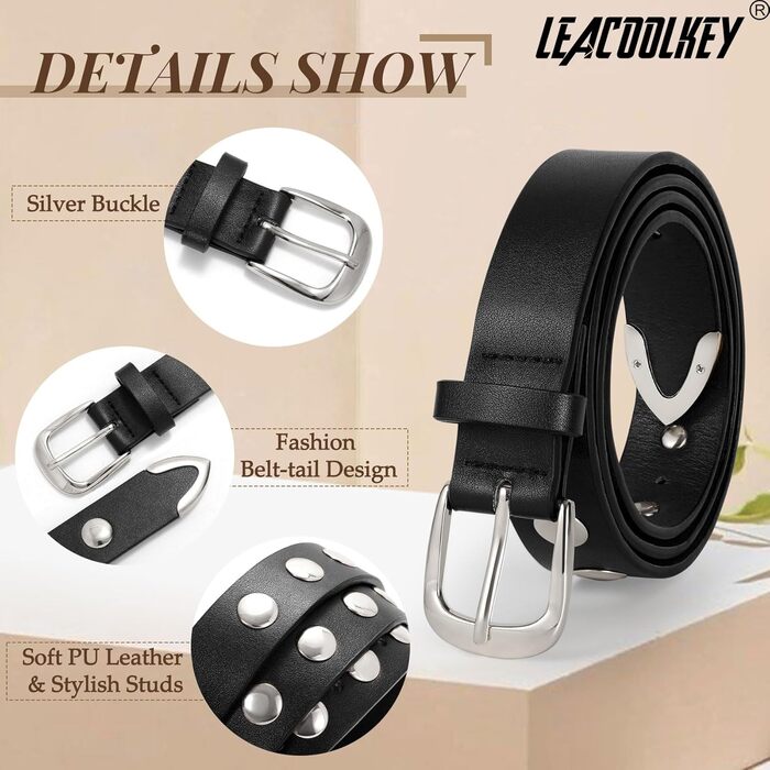 LEACOOLKEY Жіночий шкіряний ремінь для джинсів, пояс, шкіряний ремінь у стилі панк з пряжками, ремінь з шипами, розмір M (82-91 см), розмір XXL (113-122 см)