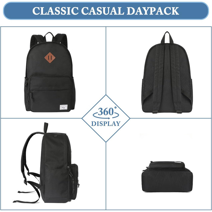 Шкільний рюкзак для підлітків: легкий, 15.6 дюймів, для ноутбука, чорний. Підходить для чоловіків, жінок, хлопців та дівчат, для школи, університету, подорожей та роботи. Об'єм 17,8 л.