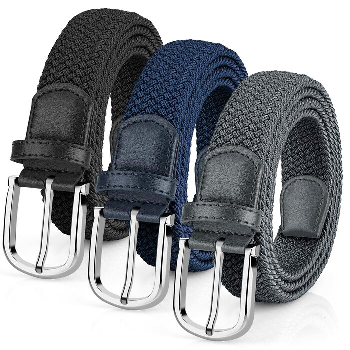 Плетені чоловічі ремені 3 шт., унісекс, еластичні пояси з тканини для чоловіків та жінок. Зручні для повсякденного носіння, міцні, довжина 130 см, чорний+синій+сірий