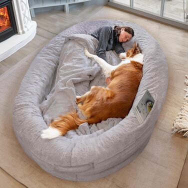 Dog Bed for Humans & Dogs | Giant Human Dog Bed for People | Warm & Comfortable Beanbag Bed | Dog Bed for People & Pets in Human Size | Blanket Included & Removable Cover | Grey