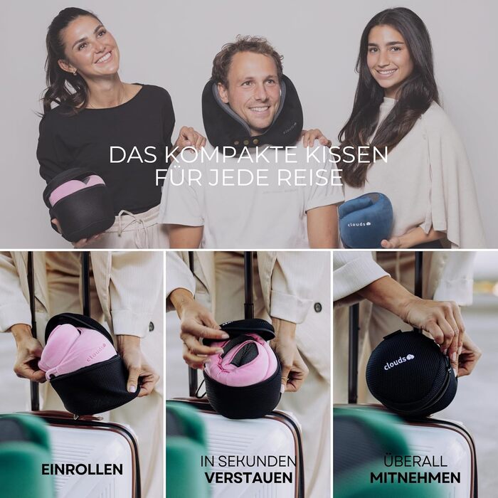 Подушка для шиї CLOUDS – зручна подушка для подорожей на літаку та в авто з memory foam, 2 розміри, дихаючий чохол, 5 кольорів (сірий, L/XL)