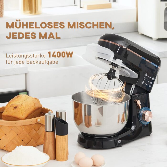 Кухонна машина HOMCOM 1400W з чашею 5.5л з нержавіючої сталі, 6 швидкостей, міксер для тіста та приготування їжі