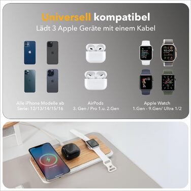 Woodcessories Multibase Pro: Бездротова зарядка 3-в-1 для iPhone, Apple Watch, AirPods з адаптером 45W (Дуб)