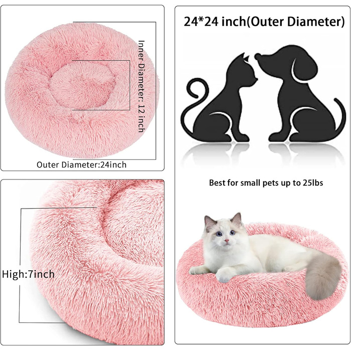 Кругле ліжко для котів та собак Nisrada, 60 см, рожеве, з неслизьким дном