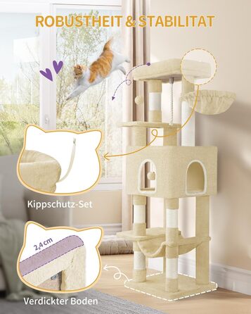 Дерев'яний будиночок для котів Hzuaneri Kratzbaum, 149 см, з 5 стовпчиками для шліфування, платформами, затишною печерею, багатоповерховий центр активності для котів, помпонами, бежевий (MS14918LG)