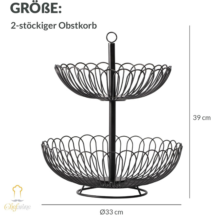 Стійка для фруктів Chefarone® – XL, 33 см, 3 яруси, чорна – стильний фруктовий кошик з мисками, декор для кухні