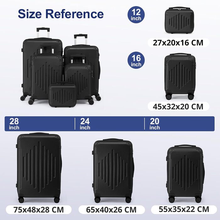 Набір валіз LEADZM 4 шт. з косметичкою, посилені кути, ABS, телескопічна ручка, ручна поклажа (Чорний)