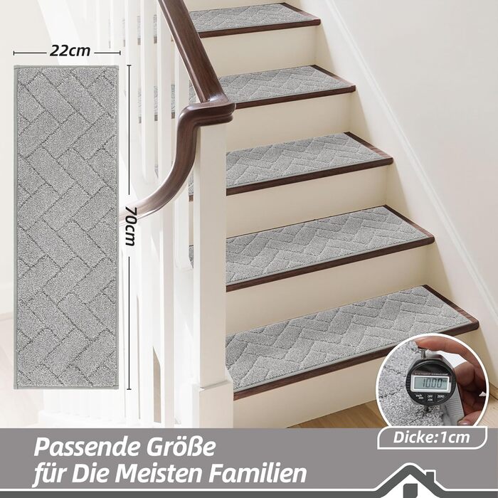 Килимки на сходи BEQHAUSE антиковзні, 22x70 см, сірі (15 шт.) - для дітей, літніх людей, домашніх тварин, машинне прання