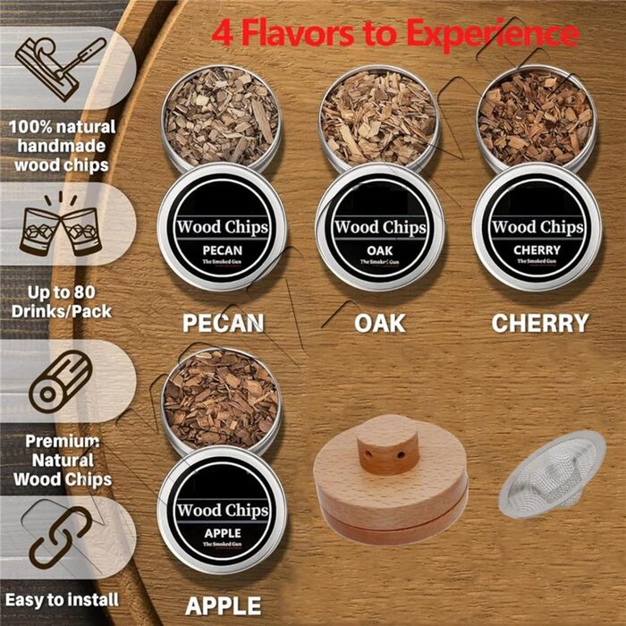 Набір для копчення коктейлів та віскі MKNZOME: 4 коптящі насадки, тирса, аксесуар для віскі та коктейлів, подарунок для чоловіків