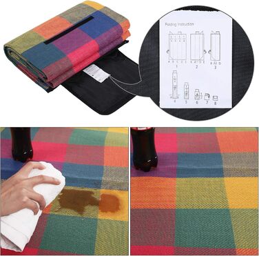 SONGMICS Плед для пікніка 195x150 см, вологостійкий, для парку, саду, пляжу, червоно-зелено-оранжевий, згинається, машинного прання, GCM50K