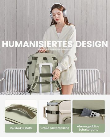 Рюкзак LOVEVOOK для подорожей: 40L, для ноутбука 17 дюймів, водонепроникний, для жінок, підходить для авіаперельотів, робочі поїздки, бізнес, вихідні. Колір: хакі (світло-зелено-бежево-оливковий)