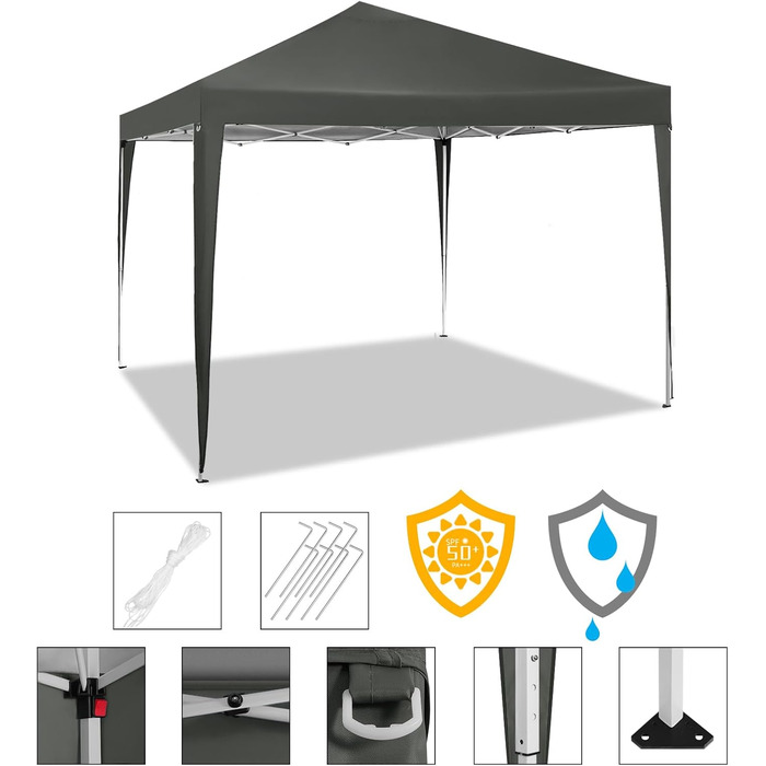 WOLTU Pop-Up Pavilion, Waterproof Folding Pavilion, Sun Shade Event Pavilion, Garden Pavilion for Terrace, Camping, Festival, Pagoda Tent from Oxford Fabric with Metal Frame, 3 x 3 m, PVL0002be (Gray)