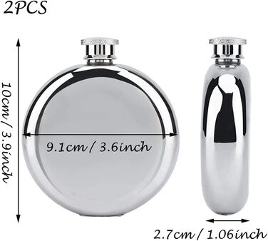 Набір з 2 флаконів для алкоголю з нержавіючої сталі, 177 мл, для віскі, коньяку, кемпінгу, подорожей, барів та вечірок (сріблястий)