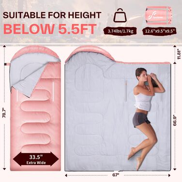 Сплячий мішок Sportneer Outdoor - ковдровий спальний мішок 3-4 сезони для дорослих, теплий, для кемпінгу, подорожей та активного відпочинку (200x85см, Рожевий)