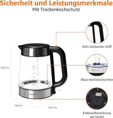 Amazon Basics Electric Glass Kettle, 1.7 L, 2200 W, Black, Silver