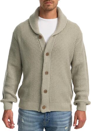 Чоловічий кардиган Indicode INBrandox з коміром-шарфом та ґудзиковою застібкою | Дрібний в'язаний кардиган для чоловіків, колір Stone