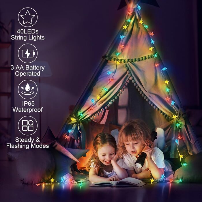 Ланцюжок прикрас AUAUY зі сніжинками: 6м, 40 LED, 2 режими, вологостійкий, для дому та саду, святкова декорація (кольоровий, зірки)