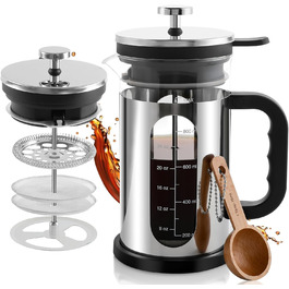 Френч-прес для кави, 1 л, скло Borosilikat, нержавіюча сталь, з багаторазовими фільтрами, портативна кавоварка для кухні, подорожей, кемпінгу