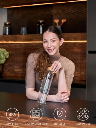 spottle Glass Water Bottle 1L - Glass Bottle in 500ml - 750ml or 1 Liter - Glass Water Bottle suitable for carbonated drinks – Dishwasher-safe & leak-proof glass drinking bottle (1000 ml, Transparent / Bamboo lid)