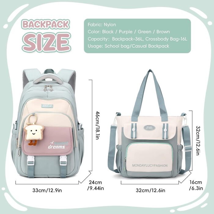 Шкільний рюкзак для дівчинки, комплект: рюкзак, сумка через плече, 36л, 3-7 клас, з брелоками (зелений)