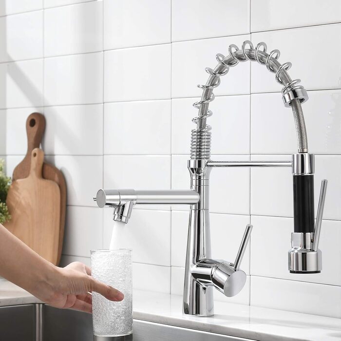 Змішувач кухонний LED Chrome з висувною лійкою, 360° поворот, 2 виходи, для кухні