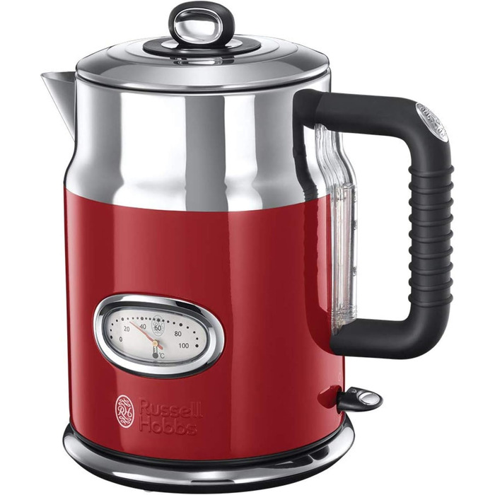 Russell Hobbs Kettle [1.7l, 2400W] Retro Red & Polished Stainless Steel (Quick Boil Function, Water Temperature Indicator in Retro Design, External Water Level Indicator) Vintage Tea Kettle 21670-70