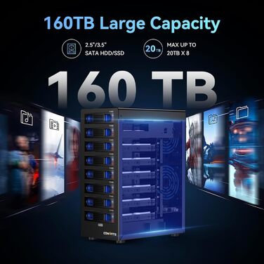 Корпус для жорстких дисків CENMATE з 8 відсіками (2.5'/3.5') SATA HDD/SSD, USB 3.0, Daisy Chain, DAS