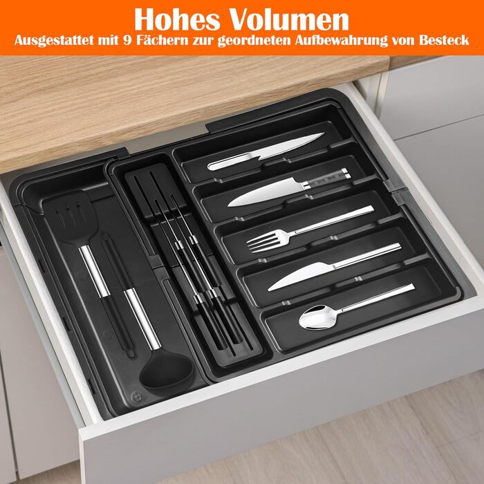 WwuHua Cutlery Box for Drawers, Drawer Insert Kitchen, Cutlery Insert for Drawers with Expandable Sides, 4-Sided Organizer Drawer Kitchen with 2 Knife Holders, Black
