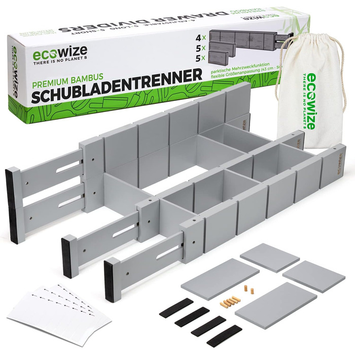 Drawer Dividers (43-56 cm) - Bamboo Drawer Organizer, Spring-loaded - Drawer Dividers for Kitchen, Bedroom, Bathroom, Dorm Room, Desk & Craft Table (Gray)