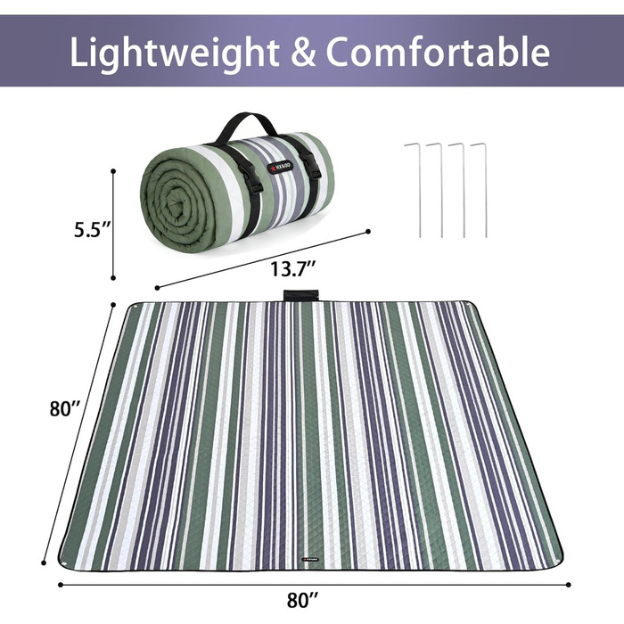 Плед для пікніка водонепроникний HX&OD, 203x203 см, складаний, з ручкою, сіро-зелений