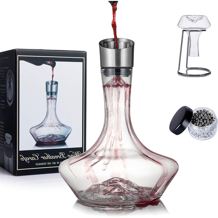Eisberg Wine Decanter Set, wine aerator decanter with aeration filter, drying stand and cleaning pearls, decanter for red wine, wine decanter, 100% hand-blown lead-free crystal glass (1400ml)