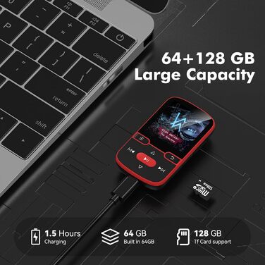 MP3 плеєр 64GB Bluetooth 5.3 з кліпсою, Hi-Fi, для спорту, з FM-радіо, диктофоном, крокоміром, підтримка картки до 128GB, червоний