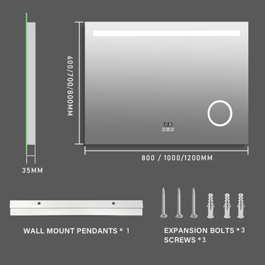 LED дзеркало для ванної кімнати з підсвічуванням 80x60 см: Bluetooth, годинник, 3 кольори світла, сенсорне регулювання, проти запотівання, збільшення, для ванної, туалету, коридору