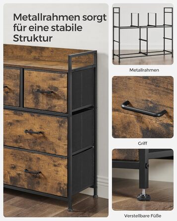 SONGMICS Chest of Drawers, Cabinet, 7 Fabric Drawers with Handles, Metal Frame, Industrial Design, Vintage Brown-Ink Black LTS137B01