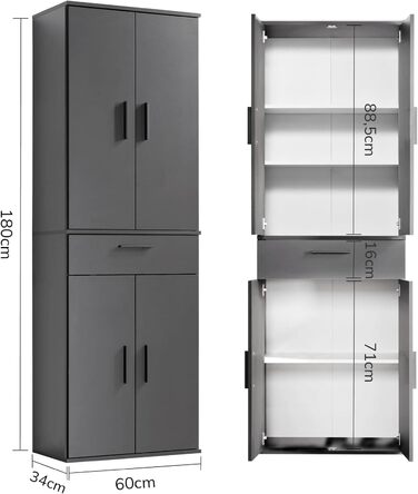 Multi-purpose cabinet 60cm wide with drawers 'The Practical', small office cabinet or filing cabinet, also usable as a shoe cabinet or storage cabinet in 60x90x34 cm (W/H/D) in White (Height 180CM, Anthracite Black)